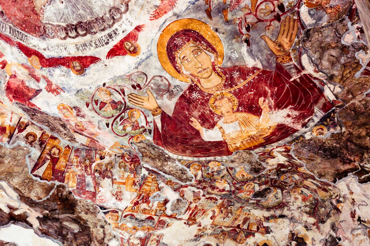 gallery-3 Intricate fresco of Virgin Mary and angels at Sumela Monastery, Turkey.